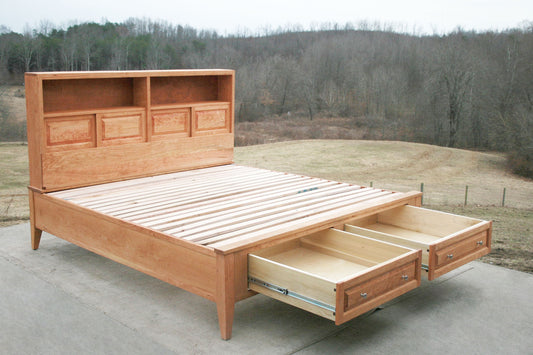 angled view drawers open Platform Bed with 2 drawers in foot-end and storage headboard with shelves
