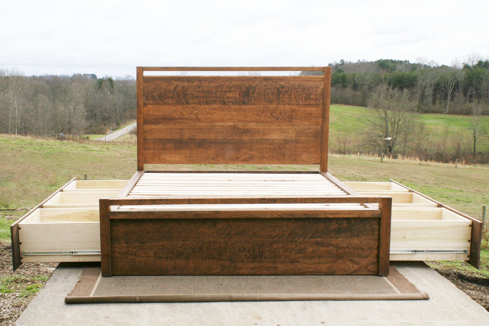front view natural Storage Bed with top-rail head and footboard
