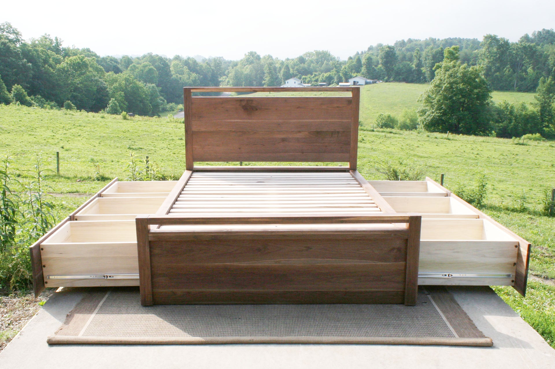front view drawers open walnut Storage Bed with top-rail head and footboard
