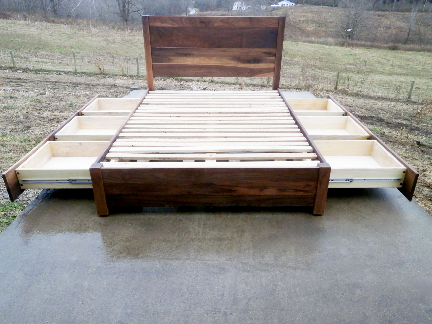 walnut front view Low Storage Bed with 6 drawers