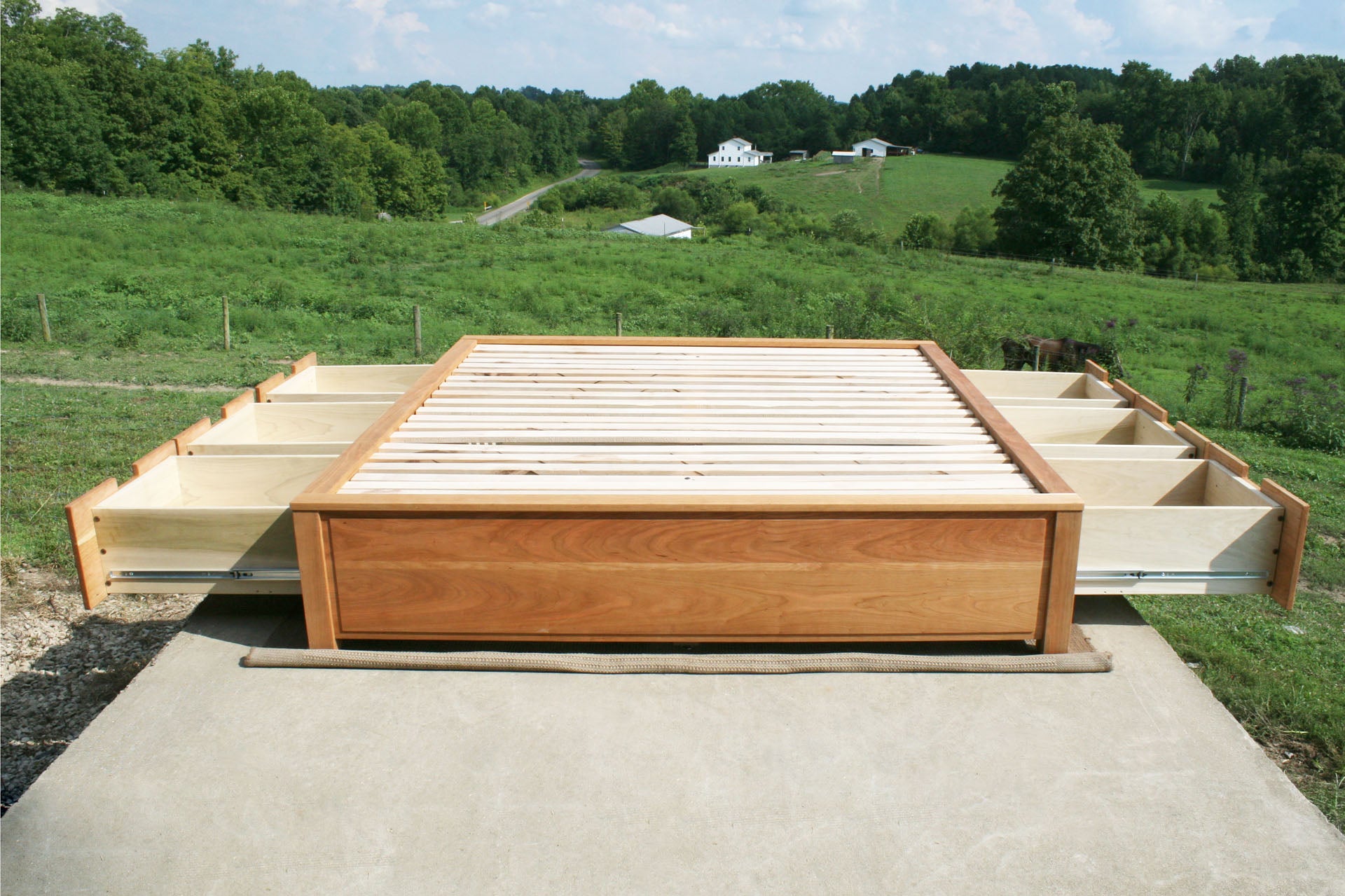 front view drawers out wood Platform Bed with 6 drawers and recessed frame