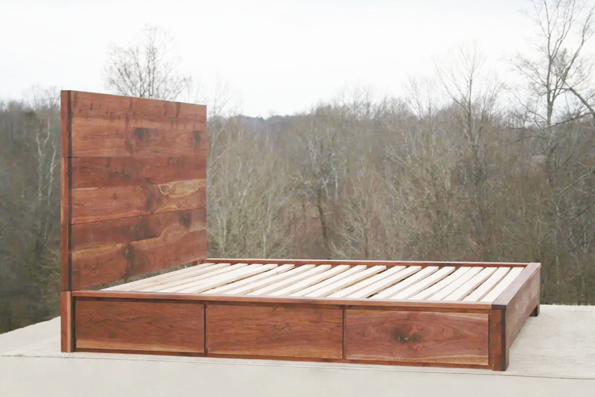 side view walnut Low Storage Bed with 6 drawers and thick headboard