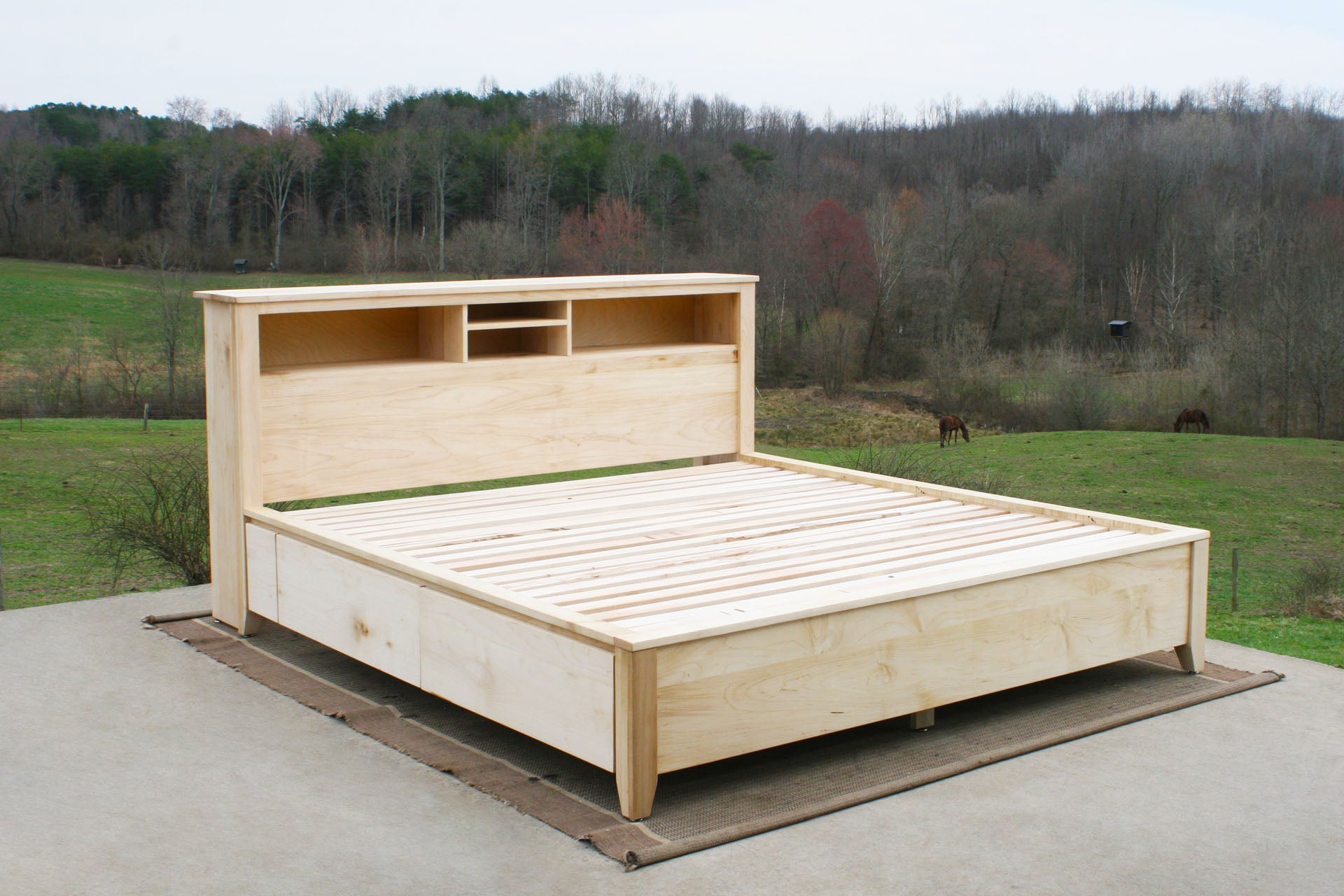 Storage bed with bookcase headboard and 4 drawers