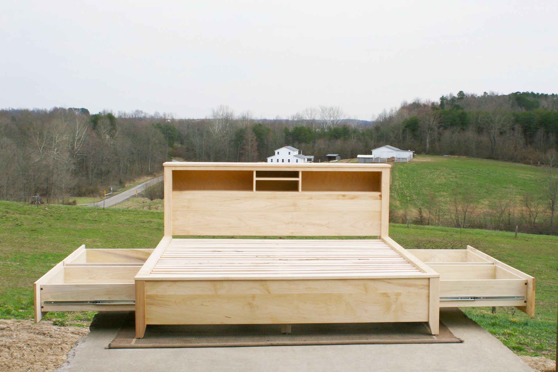 front view drawers open Storage bed with bookcase headboard and 4 drawers