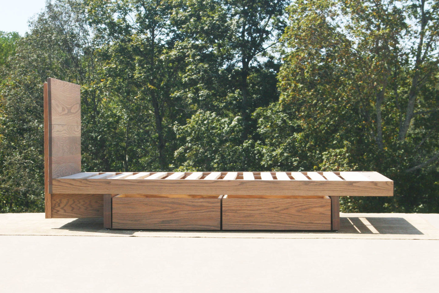 side view custom Cantilever storage bed with 4 drawers and headboard