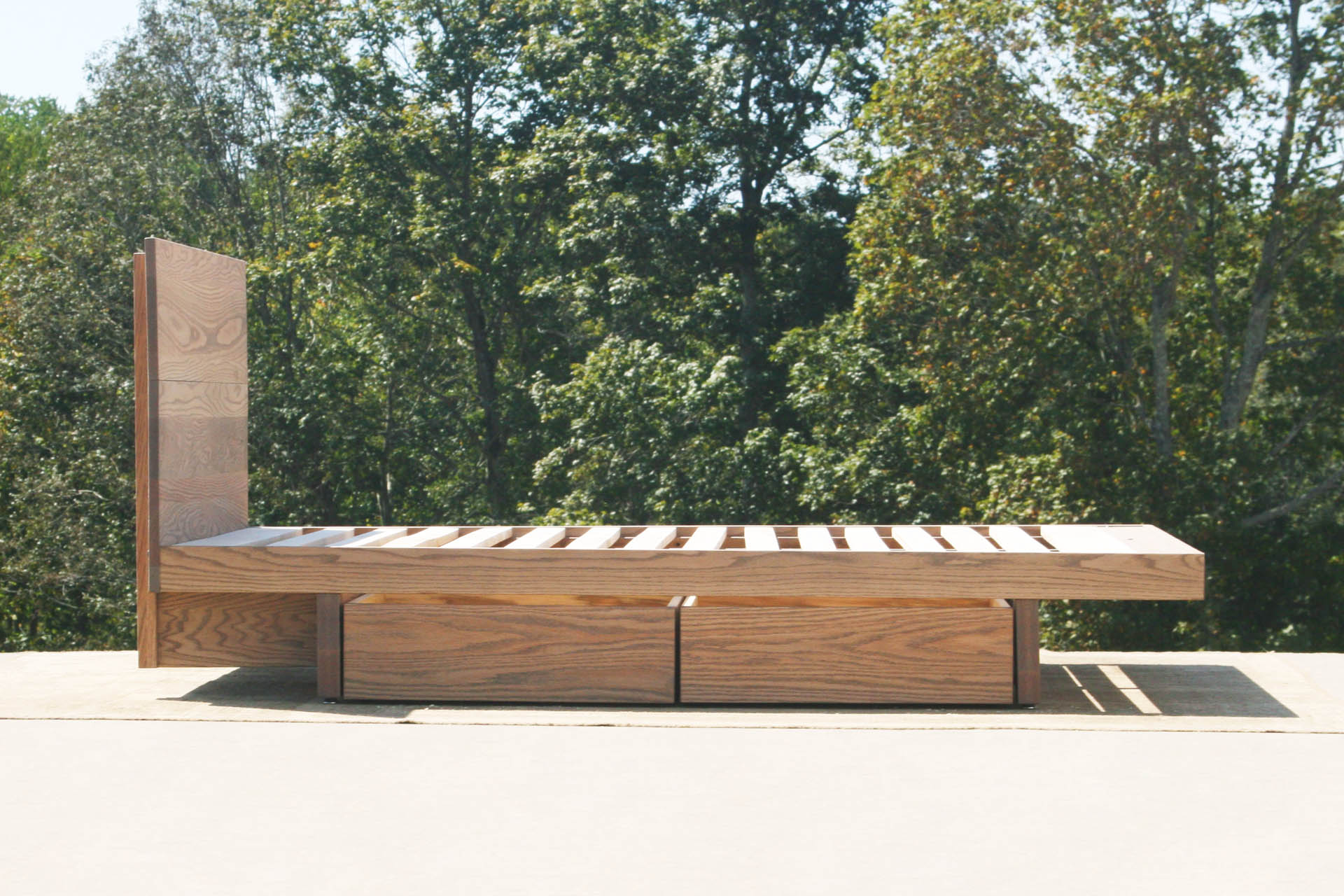 side view custom Cantilever storage bed with 4 drawers and headboard