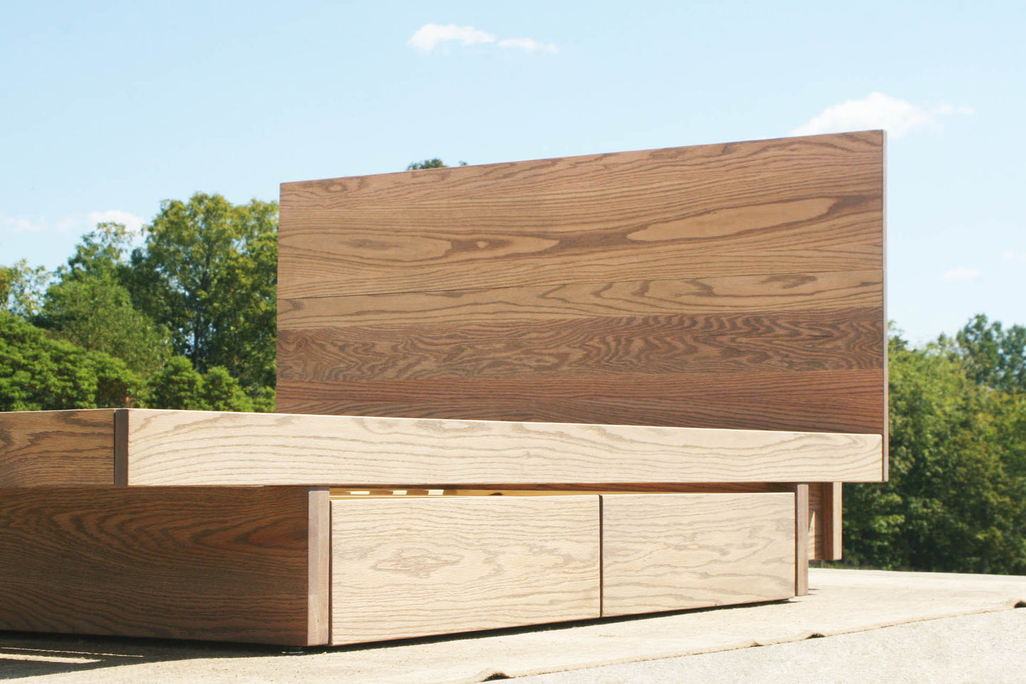 close up custom Cantilever storage bed with 4 drawers and headboard
