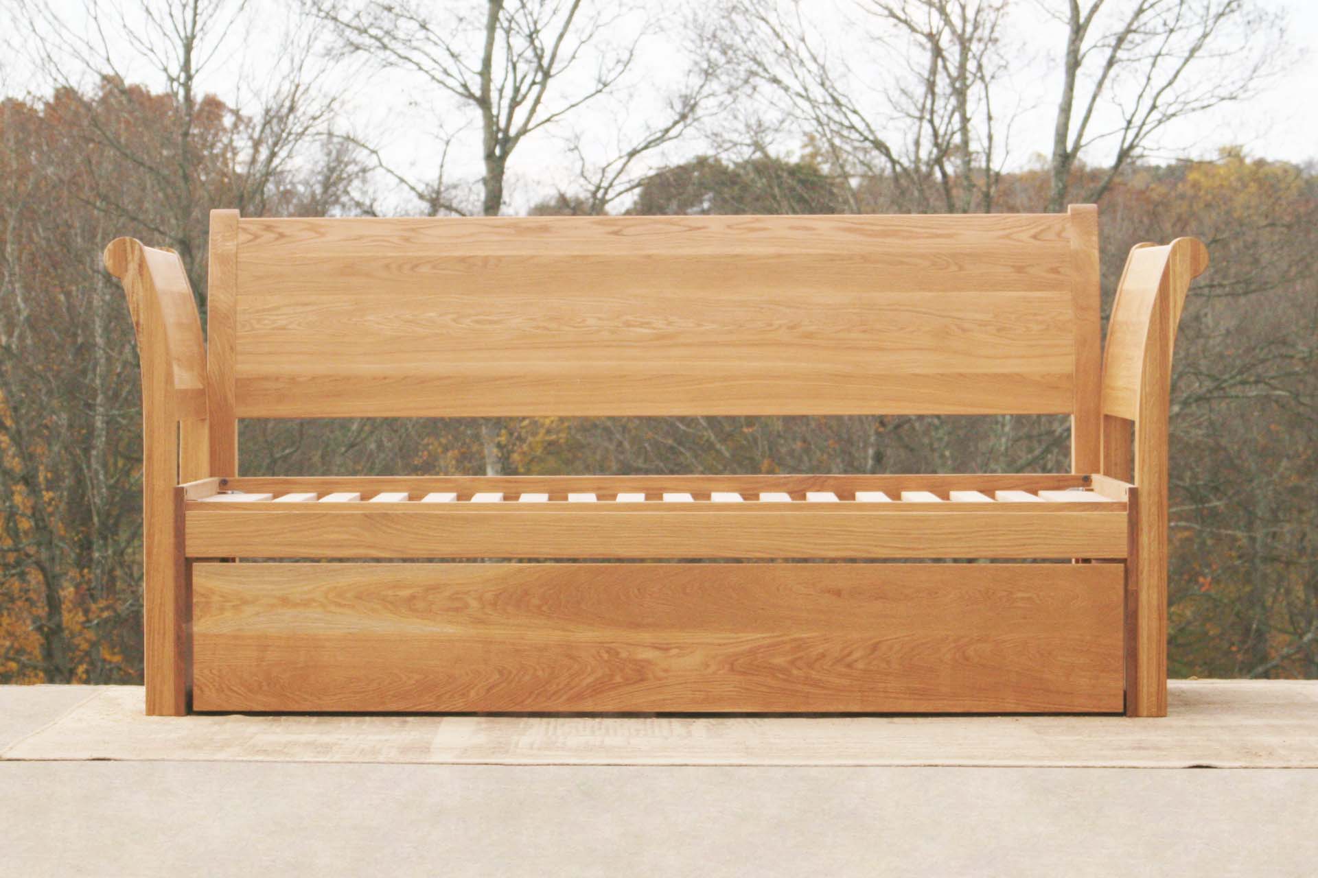 front view custom 3-Function Trundle Bed with sleigh backboard