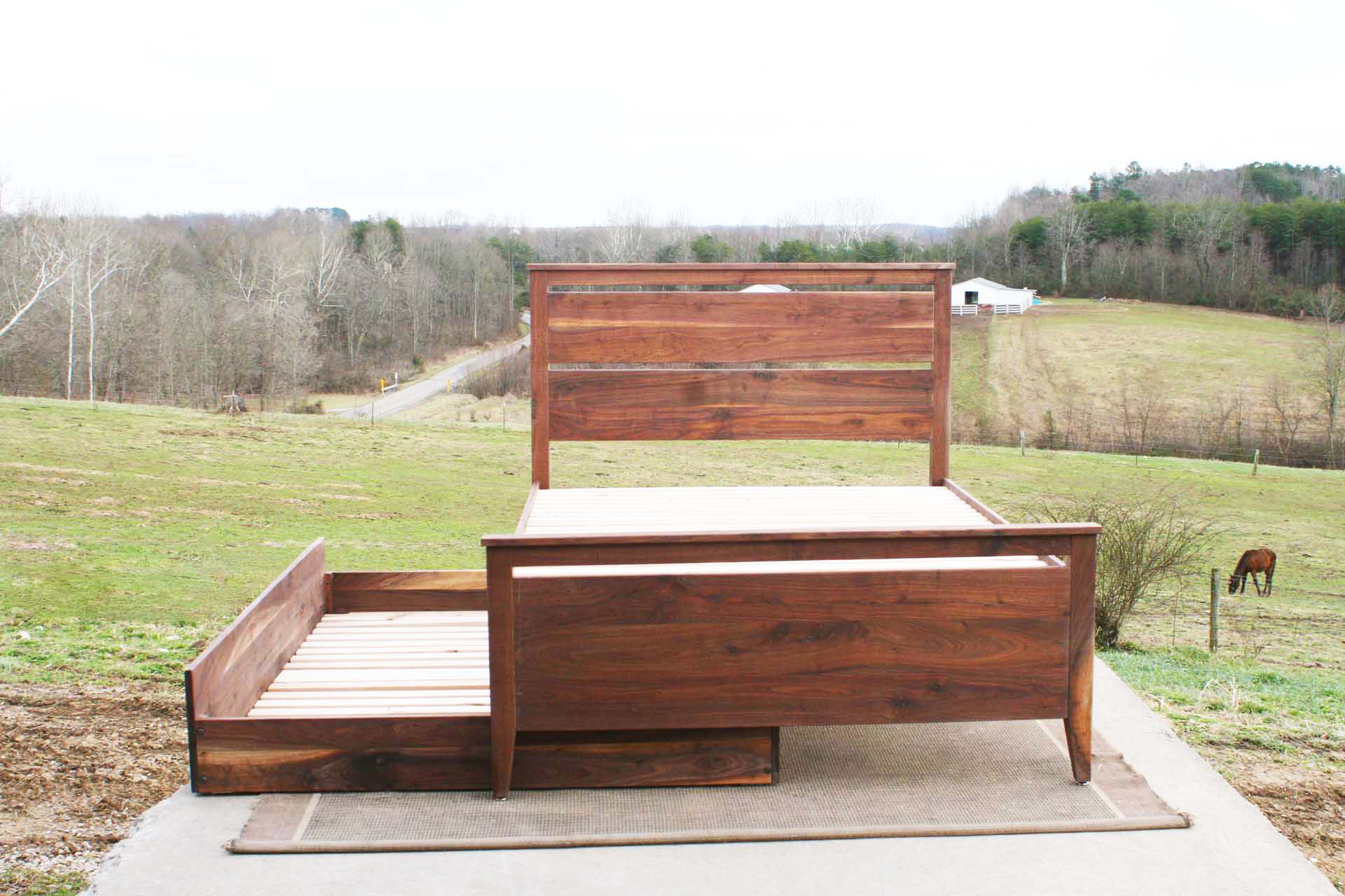 walnut Trundle Bed with headboard and footboard trundle partly extended
