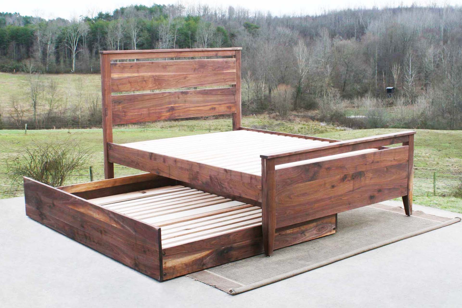 walnut Trundle Bed with headboard and footboard angled view
