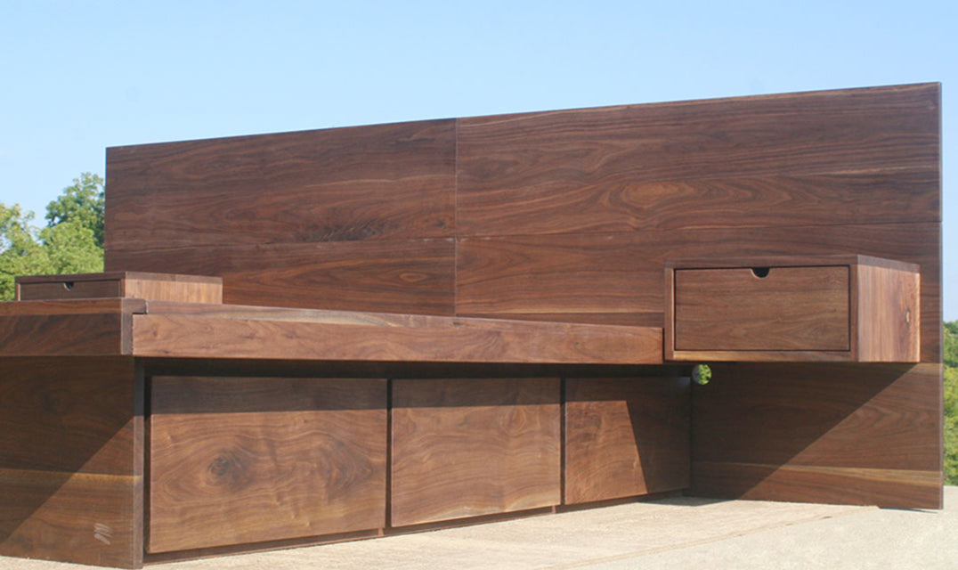 walnut wood bed with headboard and storage