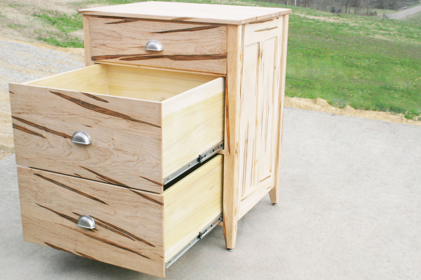 drawers open angled view Chest of Three Drawers with Paneled Sides