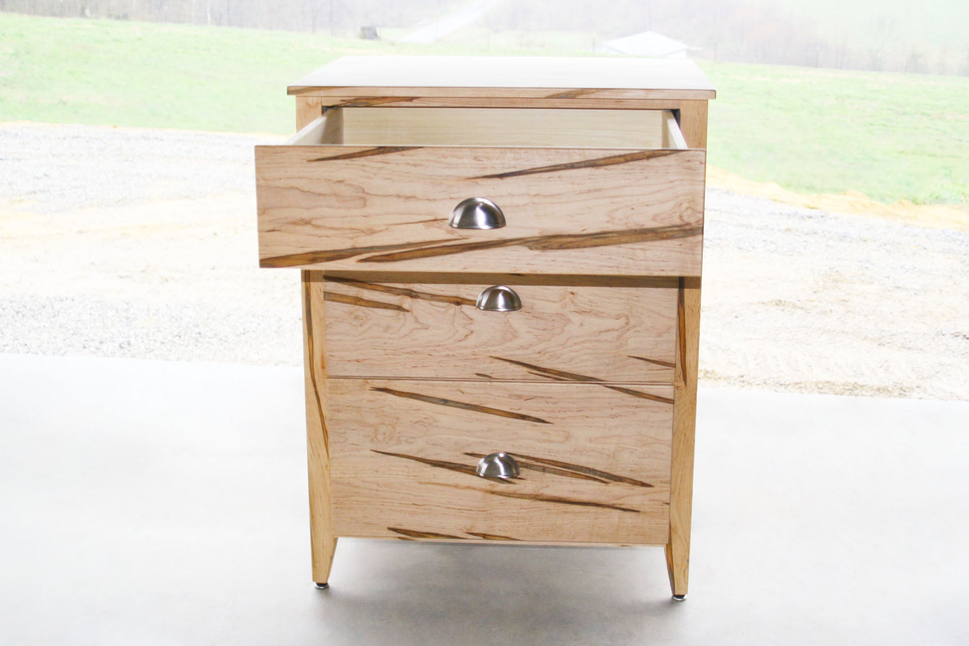 front view top drawer open Chest of Three Drawers with Paneled Sides