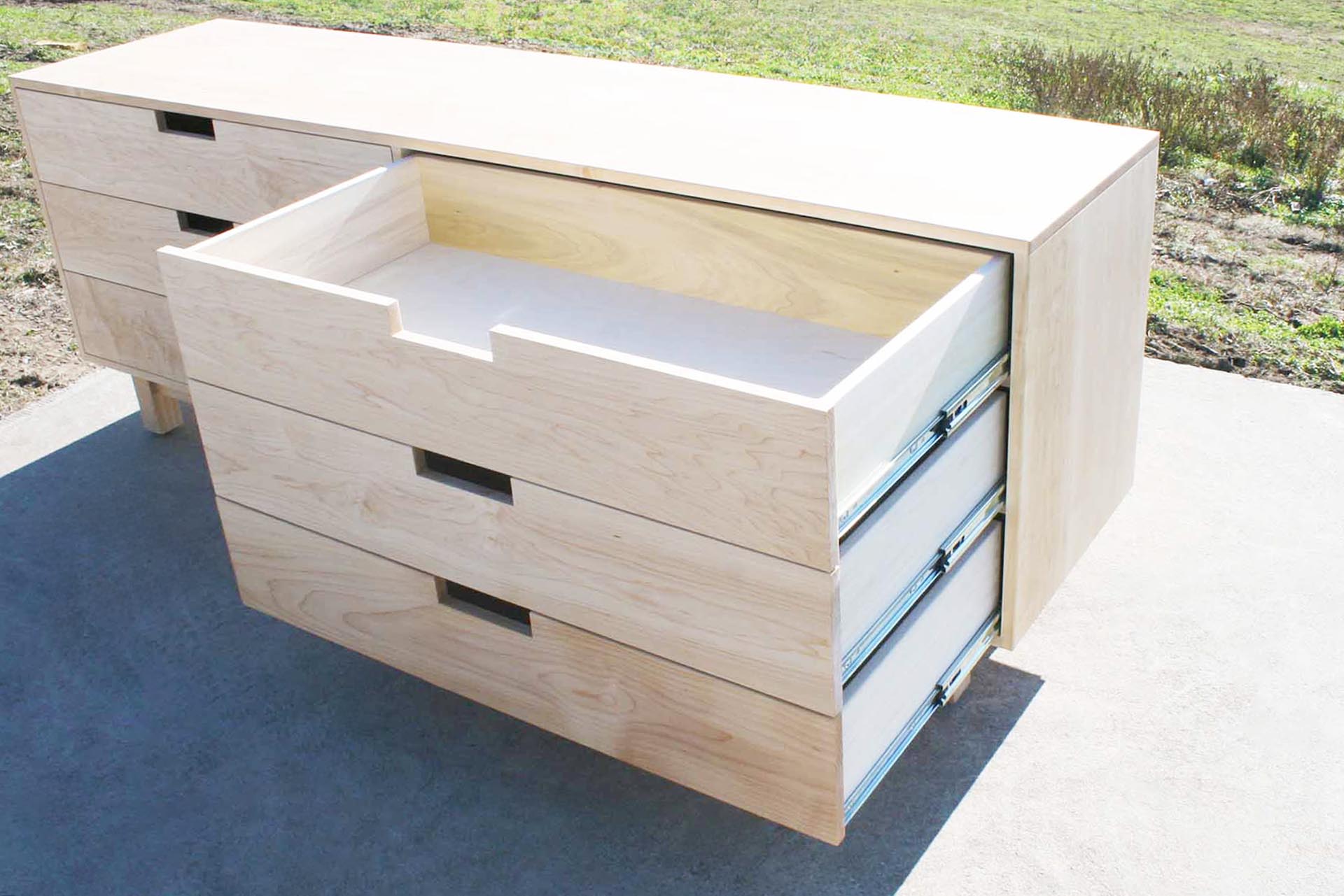 6 drawer double dresser with inset drawers and drawers open