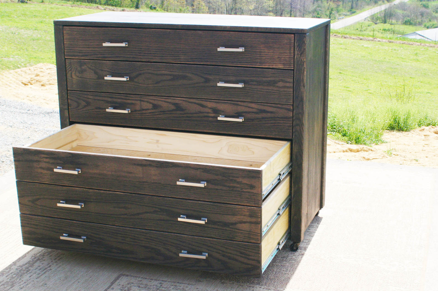 side angled view low Chest with 6 Inset Drawers and Flat Sides with drawers open