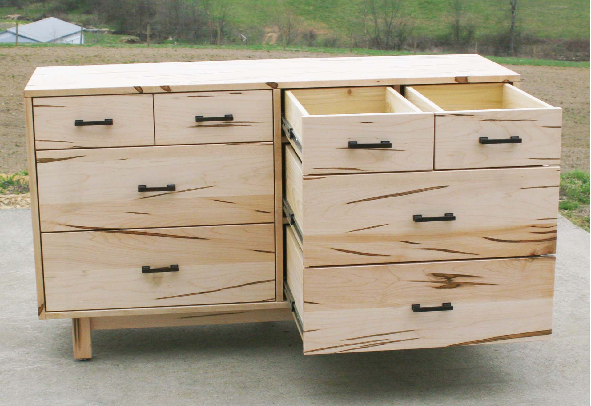 wormy maple 8 drawer dresser drawers open