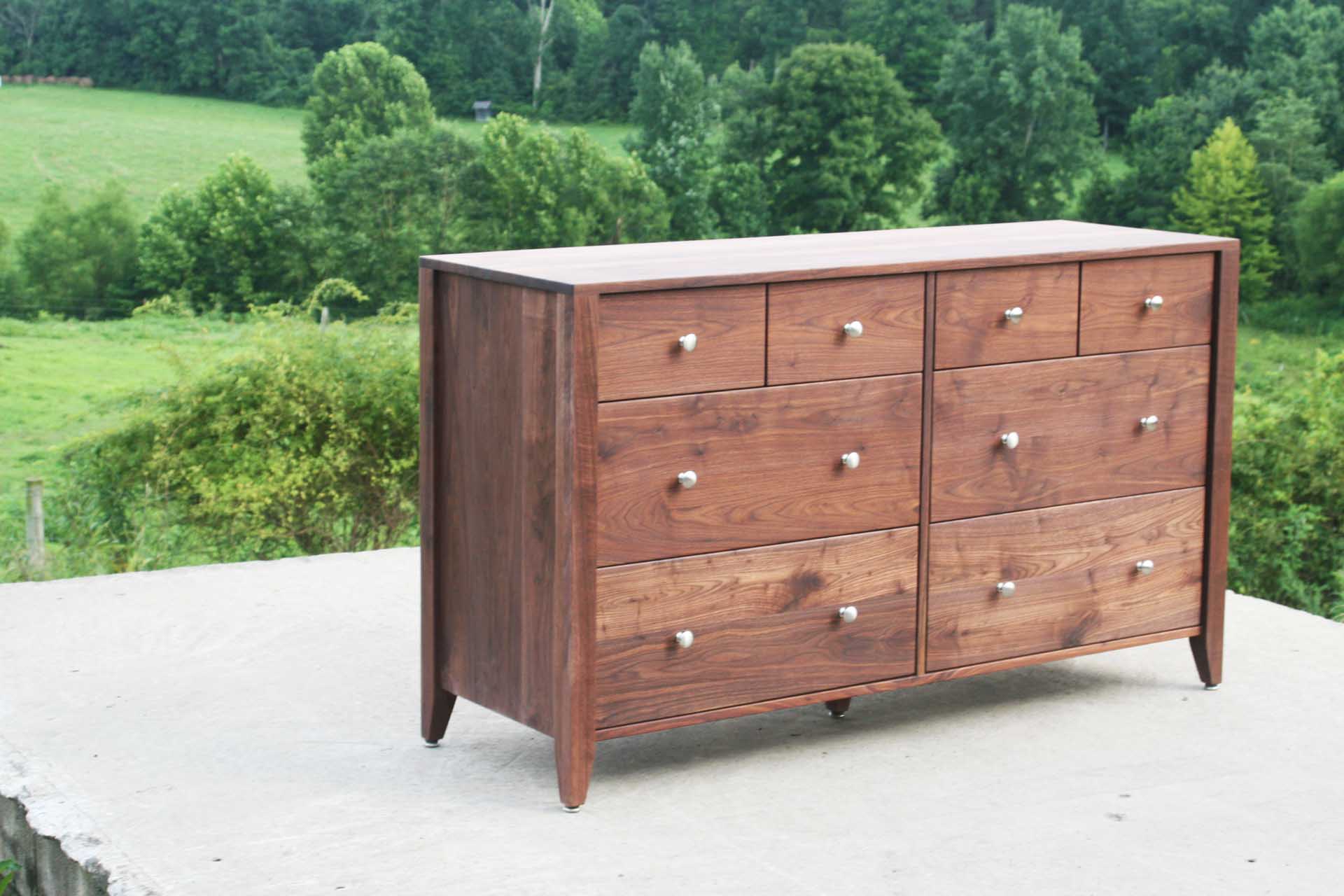 hardwood dresser with metal pulls angled view