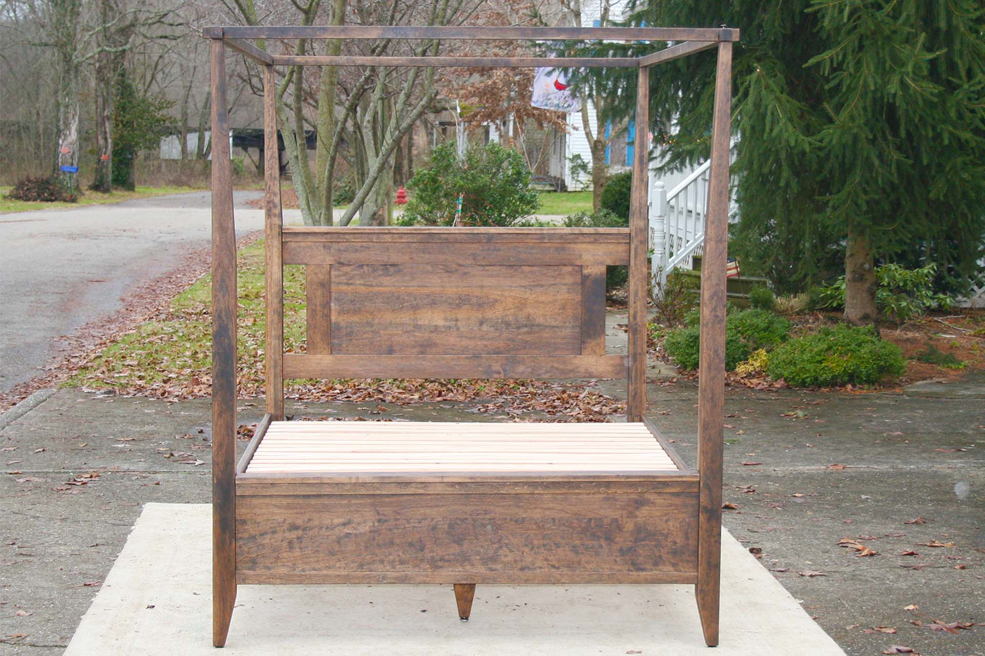 front view wood Canopy Bed with Shaped Headboard