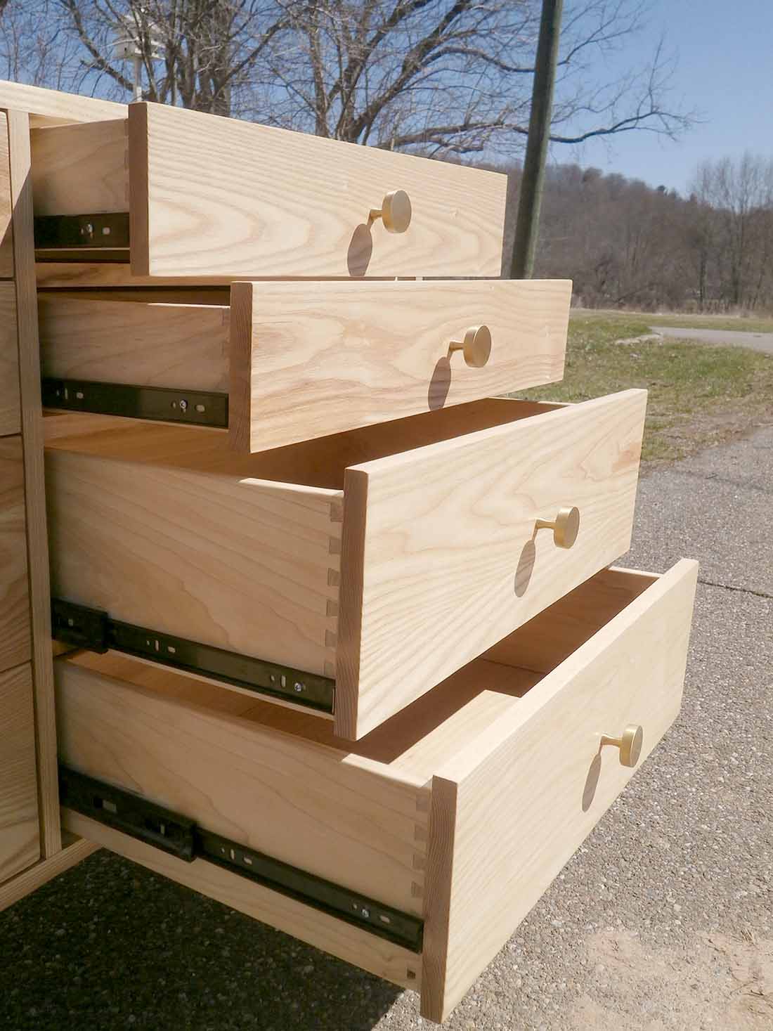 drawers open dresser with 8 inset drawers and mid century modern polished brass legs and drawer pulls