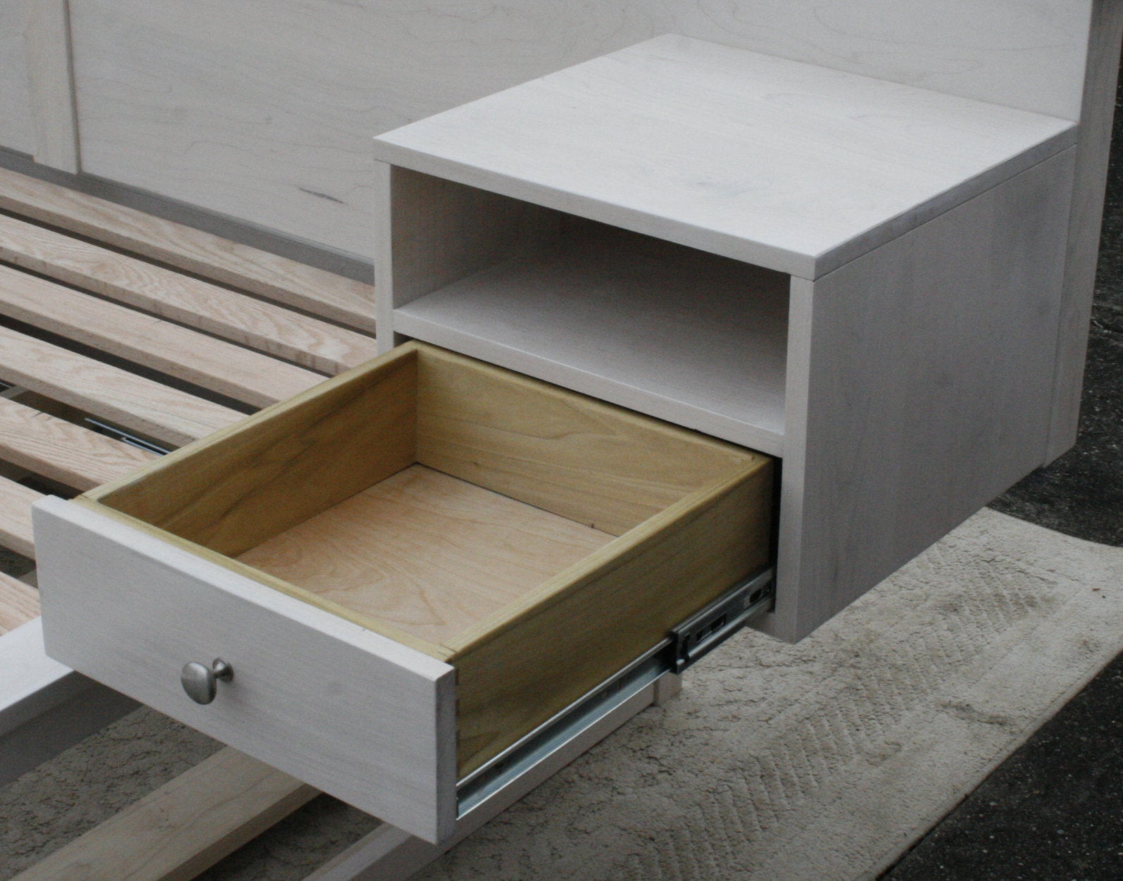 white stain storage of bed open drawer