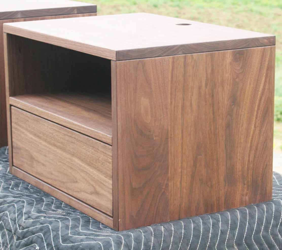 walnut wood furniture piece with drawer and storage space