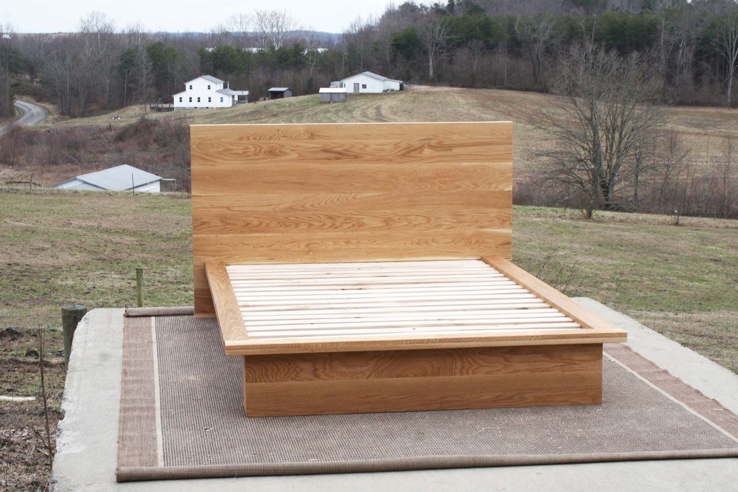 low profile platform bed light hued front view