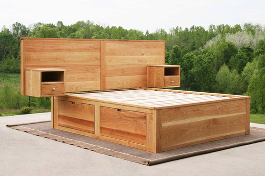 solid Platform Bed with 4 drawers, wide headboard and built-in side tables angled view