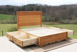 angled view drawers open Storage Bed with 4 inset drawers and headboard